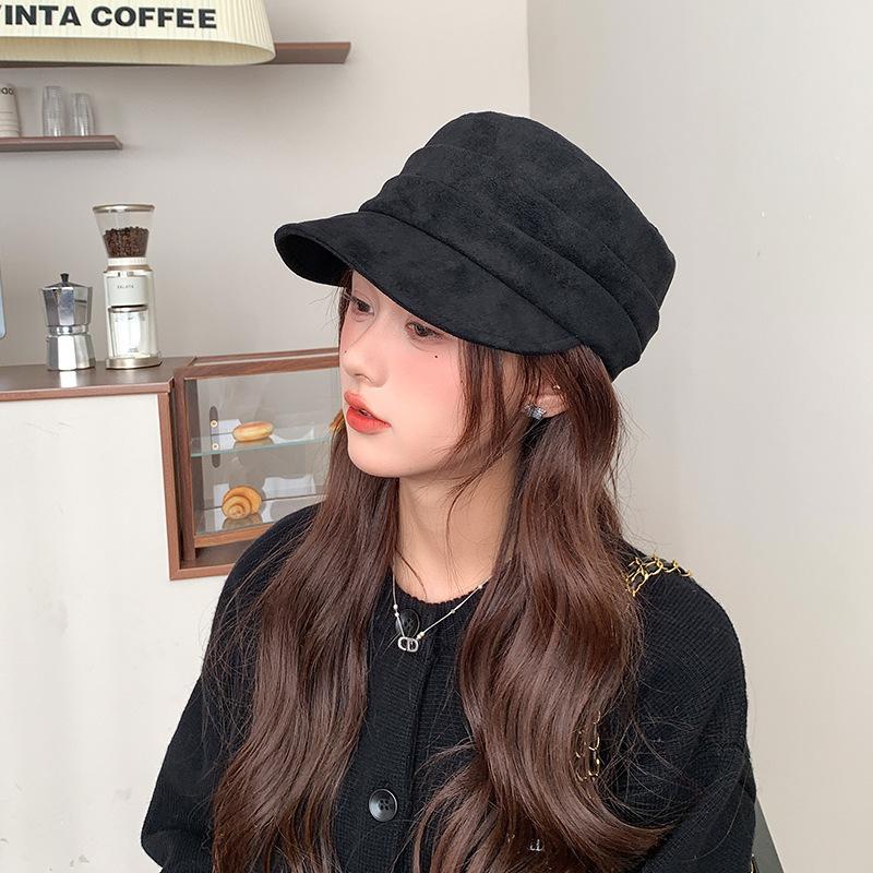 

Wrinkled Suede Flat-top Equestrian Hat for Women Autumn and Winter Newsboy Hat Versatile Face-showing Small Duck Tongue Beret One Size