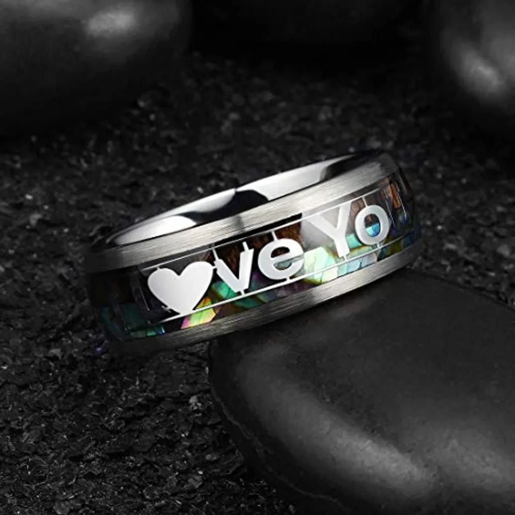Fashion I Love You Letter Stainless Steel Rings Inlay Koa Wood and Abalone Shell Rings For Men Women Wedding Band Jewelry Gifts
