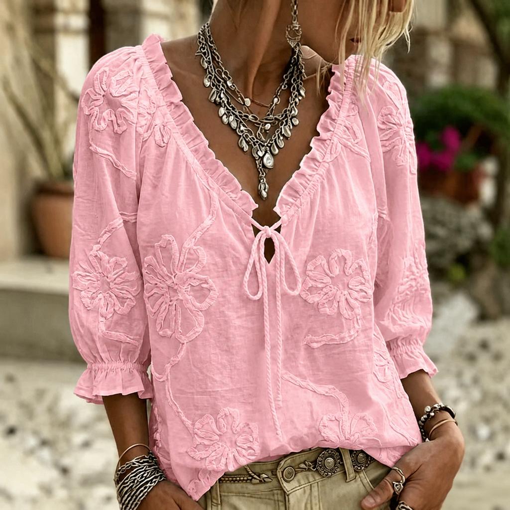 Damen Bluse mit Stickerei und Rüschen V-Ausschnitt