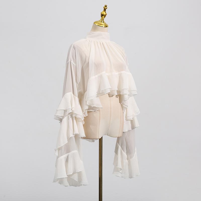 Women's High Neck Blouse with Puff Sleeves and Drawstring Hem