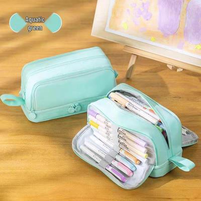 Double-Layer Stain-Resistant Pencil Case: Large-Capacity, Solid-Color Storage Bag for Students