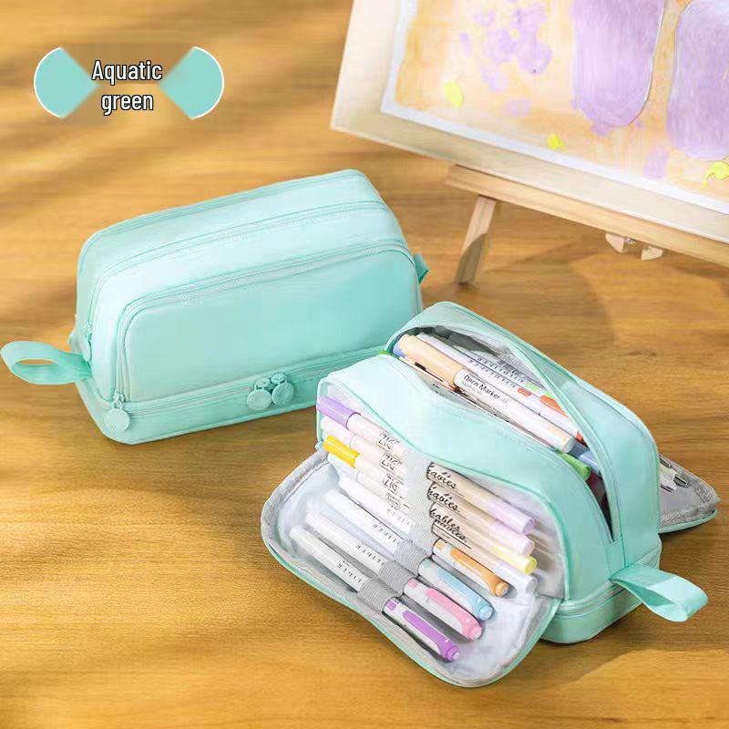 Double-Layer Stain-Resistant Pencil Case: Large-Capacity, Solid-Color Storage Bag for Students