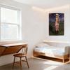 Sexy Blonde Cowgirl Metal Tin Sign Vintage Painterly Wall Decor, Blue-Gray Bikini Cowboy Boots Revolver in Grassy Hill Landscape