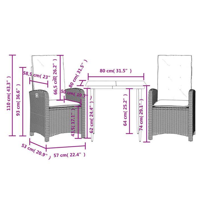 VidaXL Ensemble à Manger de Jardin avec Coussins 3 pcs, Table et Chaises avec Dossier Réglable, Meubles d'Extérieur Patio 3212370