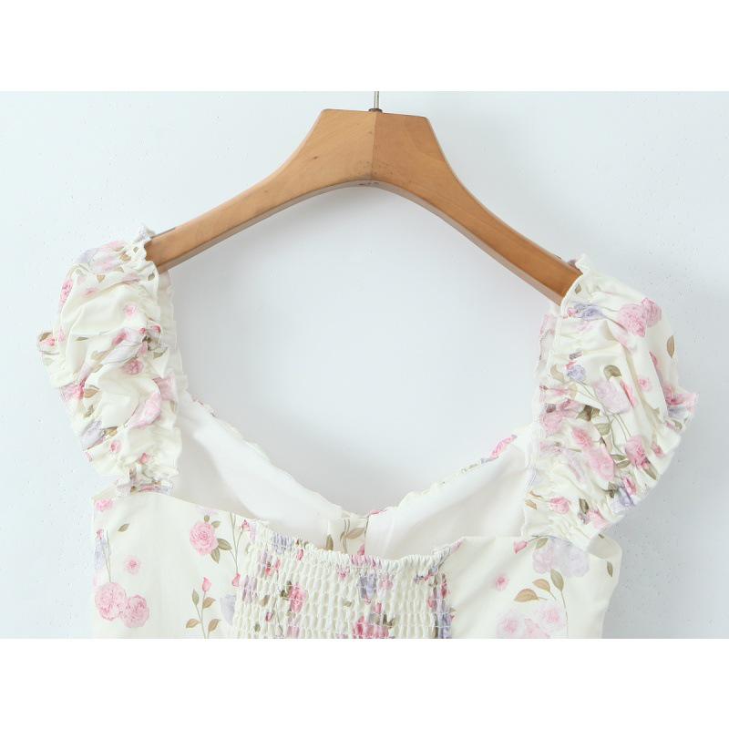 2025 Women's Cross-border European & American Lace-up Printed Smocked Camisole Vest