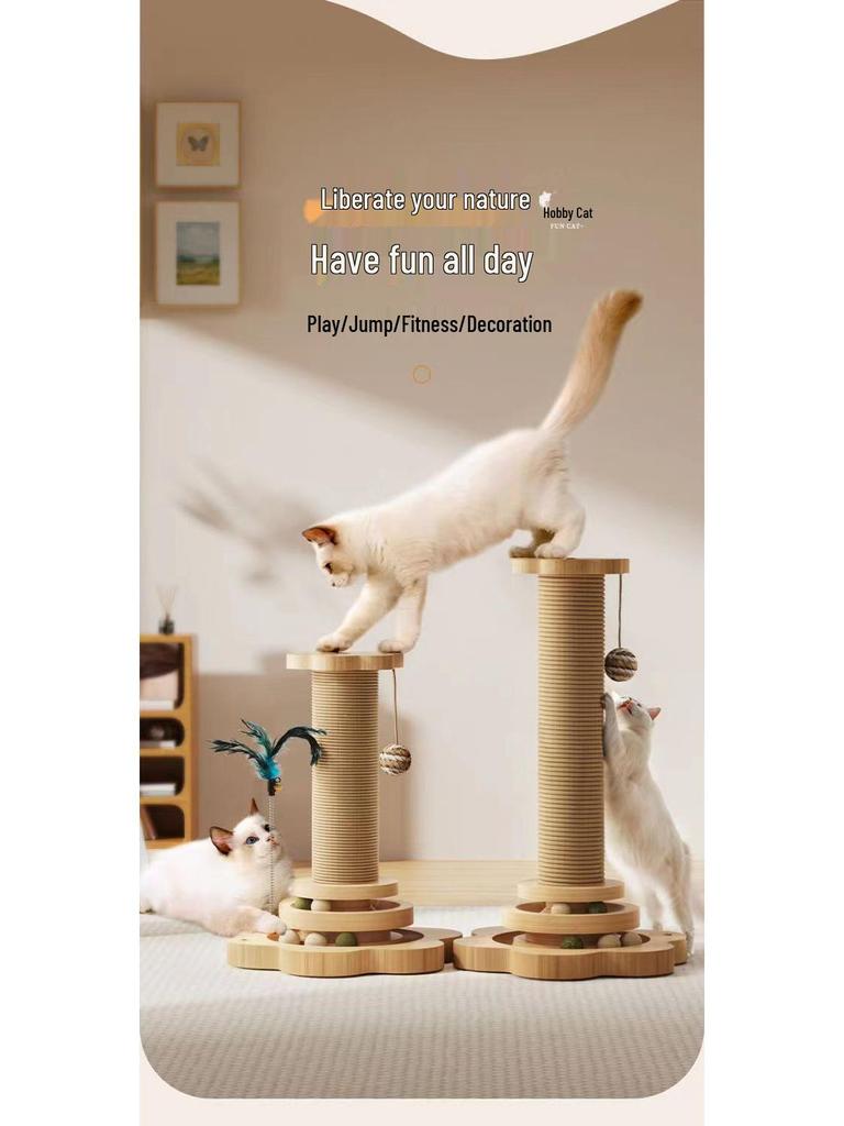 Vertical Wear-Resistant Sisal Rope Cat Scratching Post with Turntable and Teaser Toys