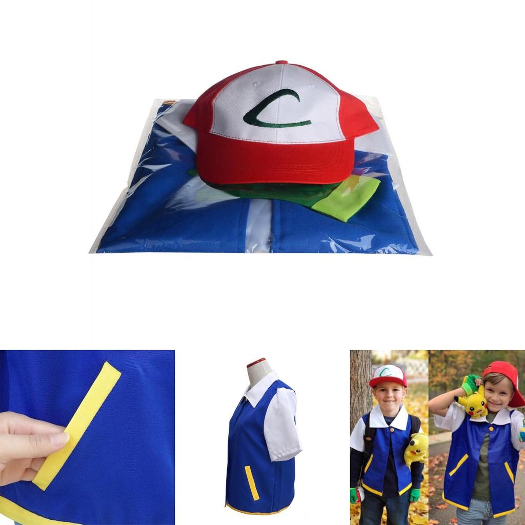 Pokemon Ash Ketchum Cosplay Costume Full Set Adults Jacket Gloves Hat Halloween High Quality Elastic Soft Polyester Material