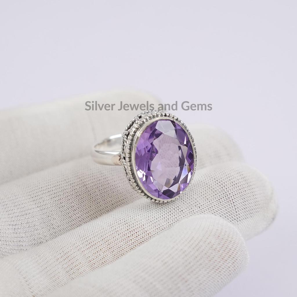 Natural Amethyst Ring, Handmade Boho Ring, 925 Sterling Silver Ring, Oval Gemstone Ring, February Birthstone Ring, Designer Ring