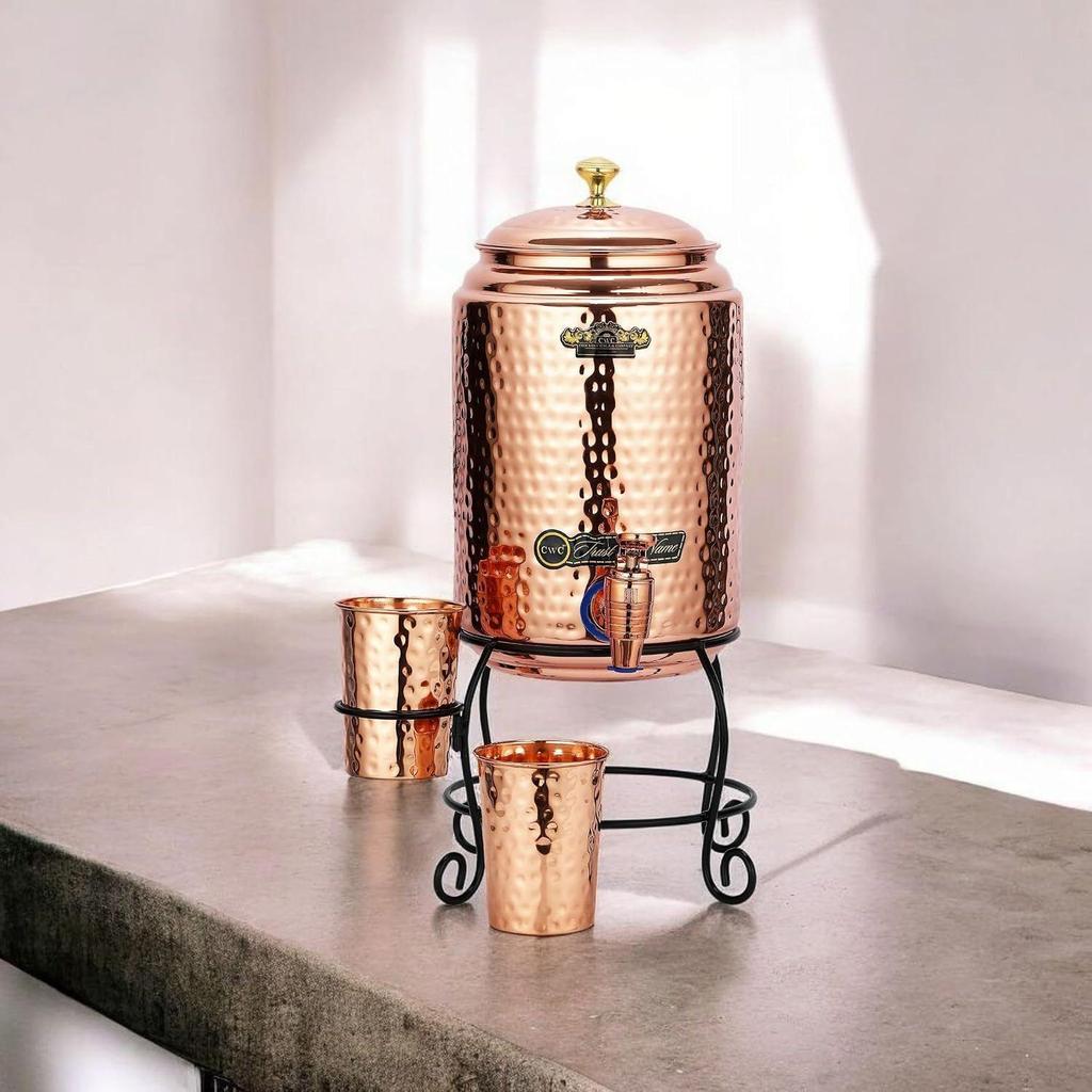 Copper Water Dispenser Set – 5 litres | Hammered Natural Finish | Includes Stand, 2 Glasses & ABS Tap | Ayurvedic Tamra Jal Water Storage Pot