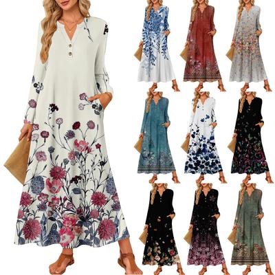 Women Retro Printed Long-sleeved Comfortable Loose Dress, Elegant Dress