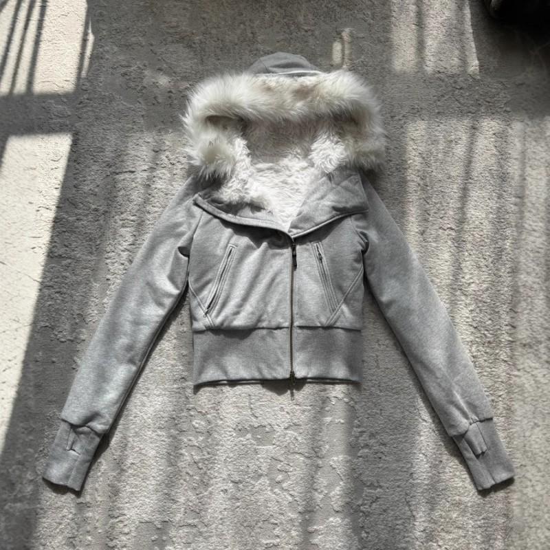 Women Winter Hooded Fleece Lined Slim Zip Up Short Coat Y2K Plush Collar Outerwear