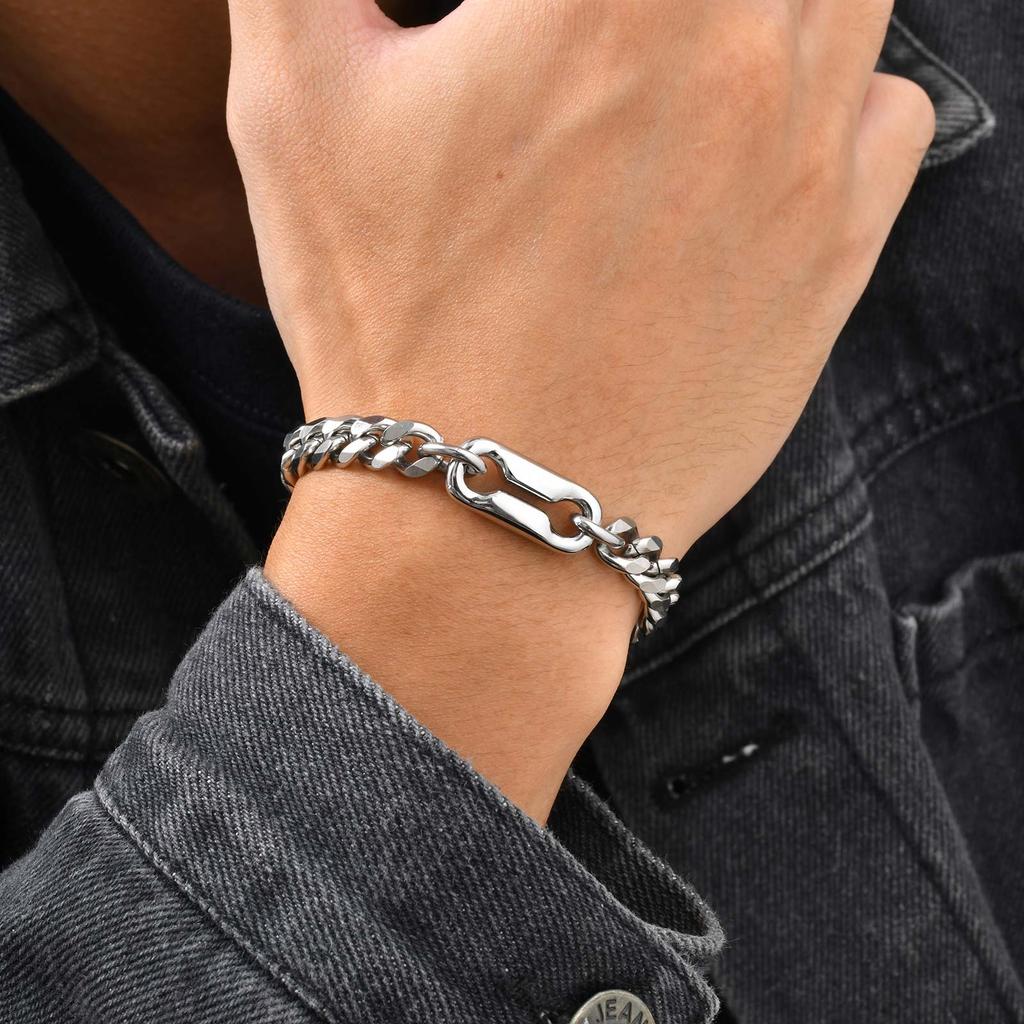 Fashion Classic Chunky Cuban Link Bracelet, Silver Color Stainless Steel Charm Wristband Bracelet, Punk Popular Jewelry for Men