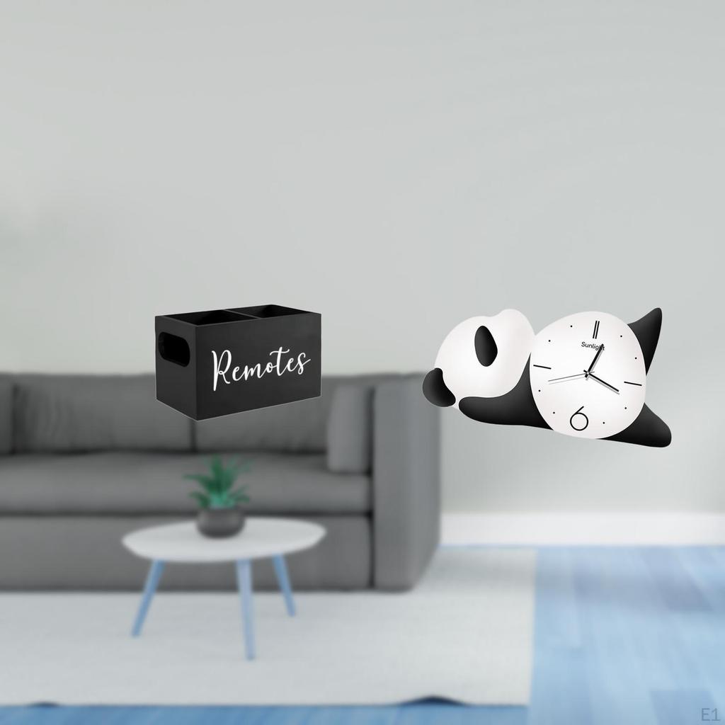 Retro Wooden Remote Organizer with Panda Shape Wall Clock Practical Sturdy Modern Cute Home Decor