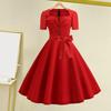 Women Dress Square Neck Short Sleeve Vintage Style 1950s A-line Big Hem Button Decor Dot Print Color Matching Mid Waist Belted Bow Decor