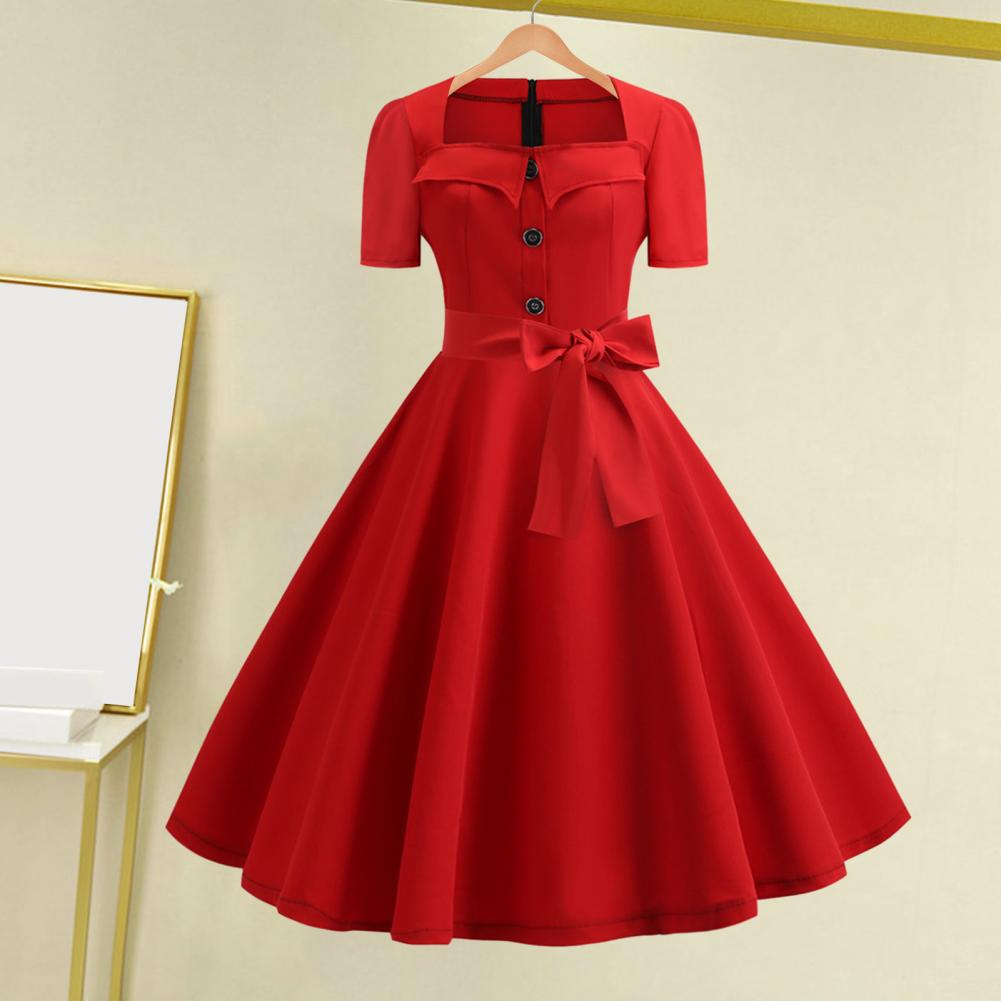 Women Dress Square Neck Short Sleeve Vintage Style 1950s A-line Big Hem Button Decor Dot Print Color Matching Mid Waist Belted Bow Decor
