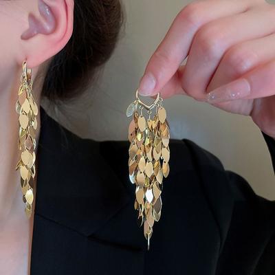Korean Style Metal Sequin Earrings Zinc Zinc Alloy Gold Earrings Elegant Long Tassel Dangle Earrings  Gift