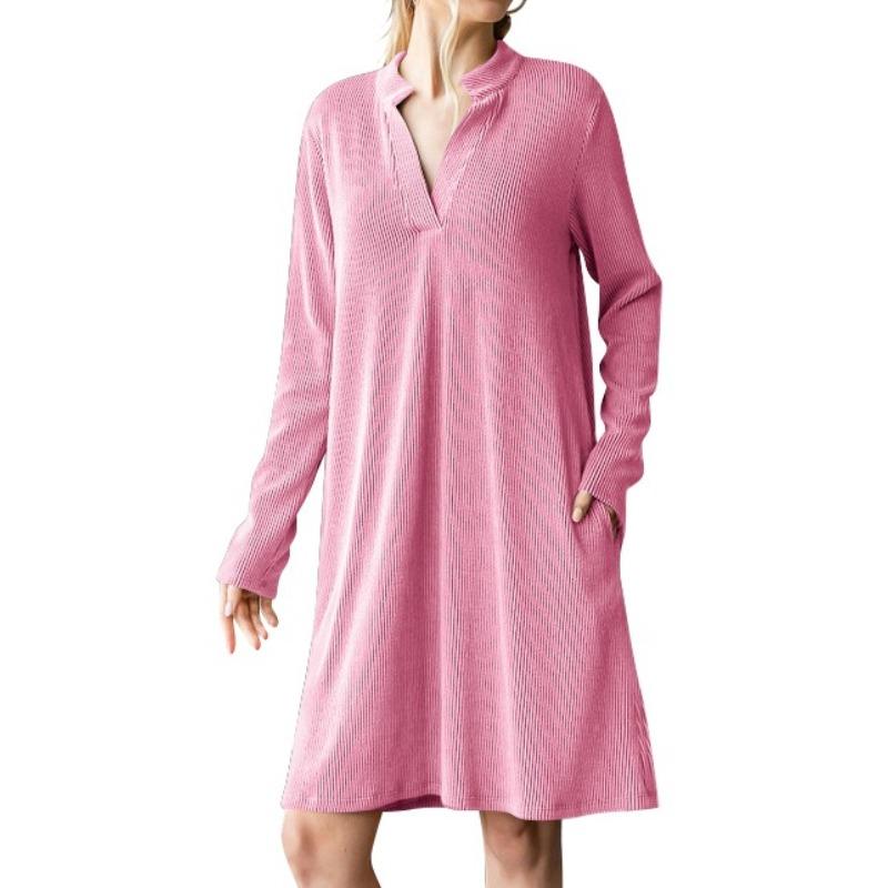 IHUASU Women's Fashion Spring Autumn Solid Color Print O-Neck Long Sleeve Casual Dresses