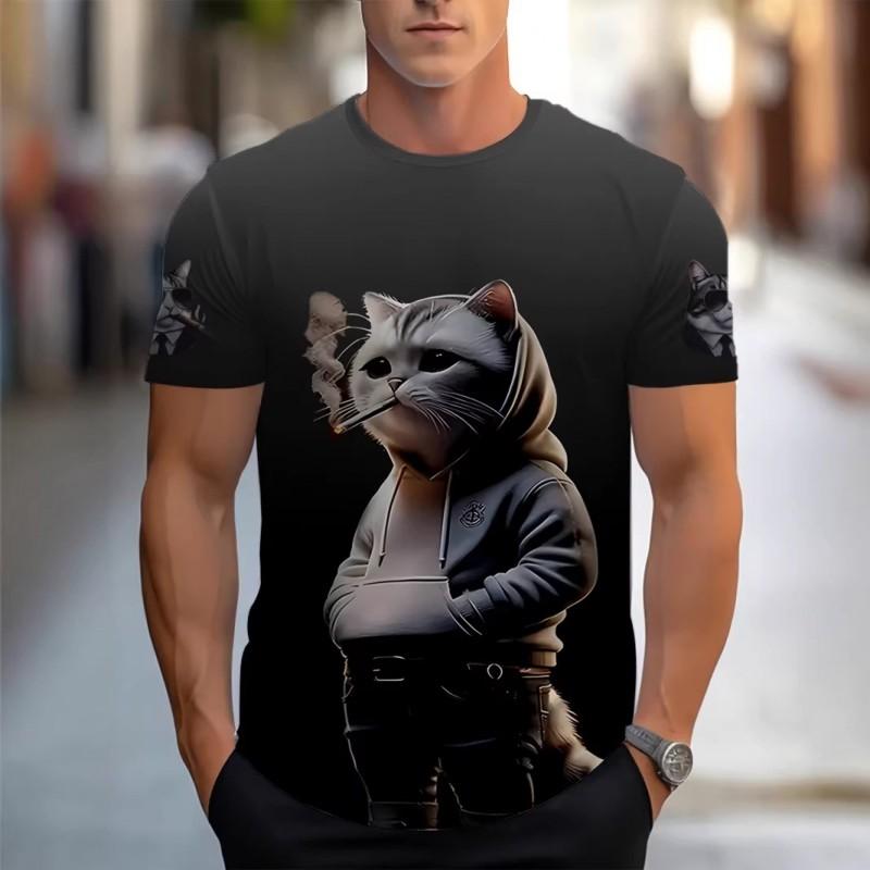 Mens 3D Printed Fun Blue Cat Graphic Tee - Casual Round Neck Short Sleeve T-Shirt Adults Teens