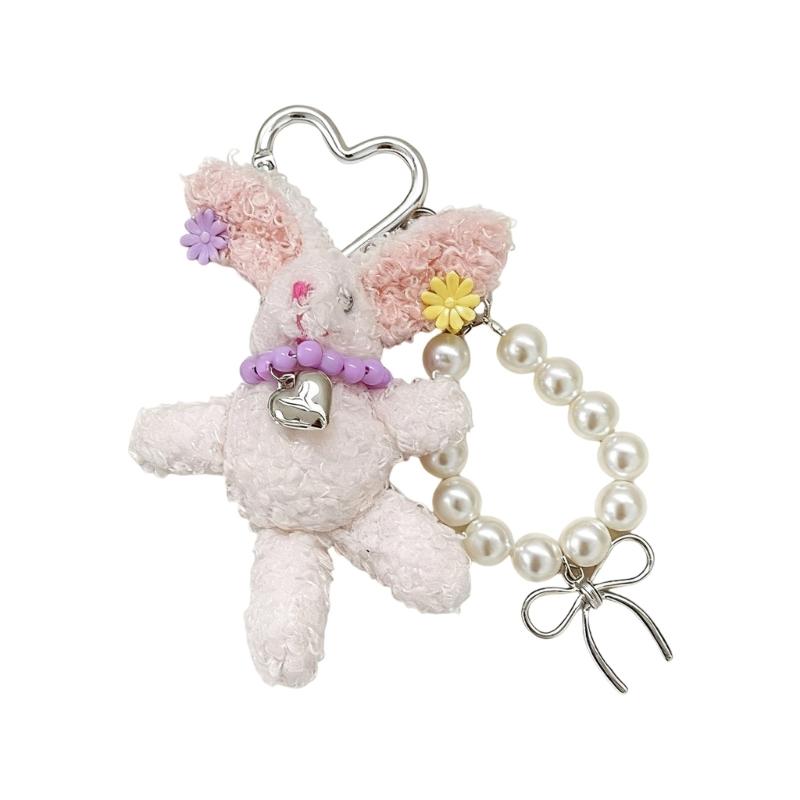 Playful Rabbit Bag Charm Double Use Phone Lanyard Soft Plush Pearls Clip Accessory Adorable Rabbit Keyring Decors
