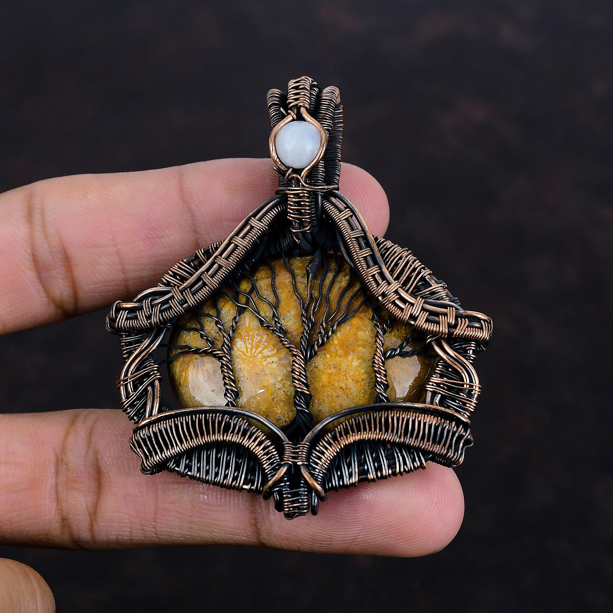 

Tree Of Life Fossil Coral Pendant Copper Wire Wrapped Pendant Rainbow Moonstone Gemstone Pendant Handmade Copper Wire Jewelry Gifts For Him