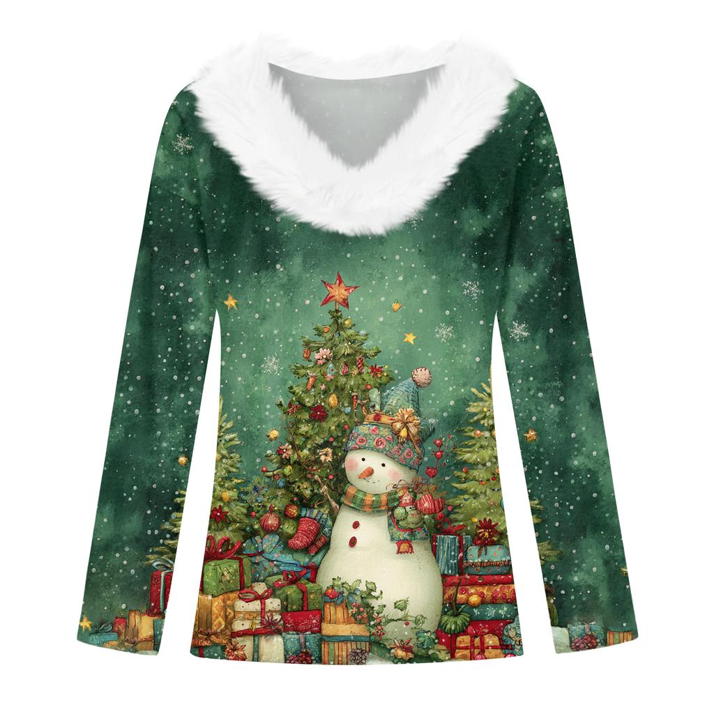 Women's Christmas Printed Long Sleeved Party Plush Neck V-neck Top