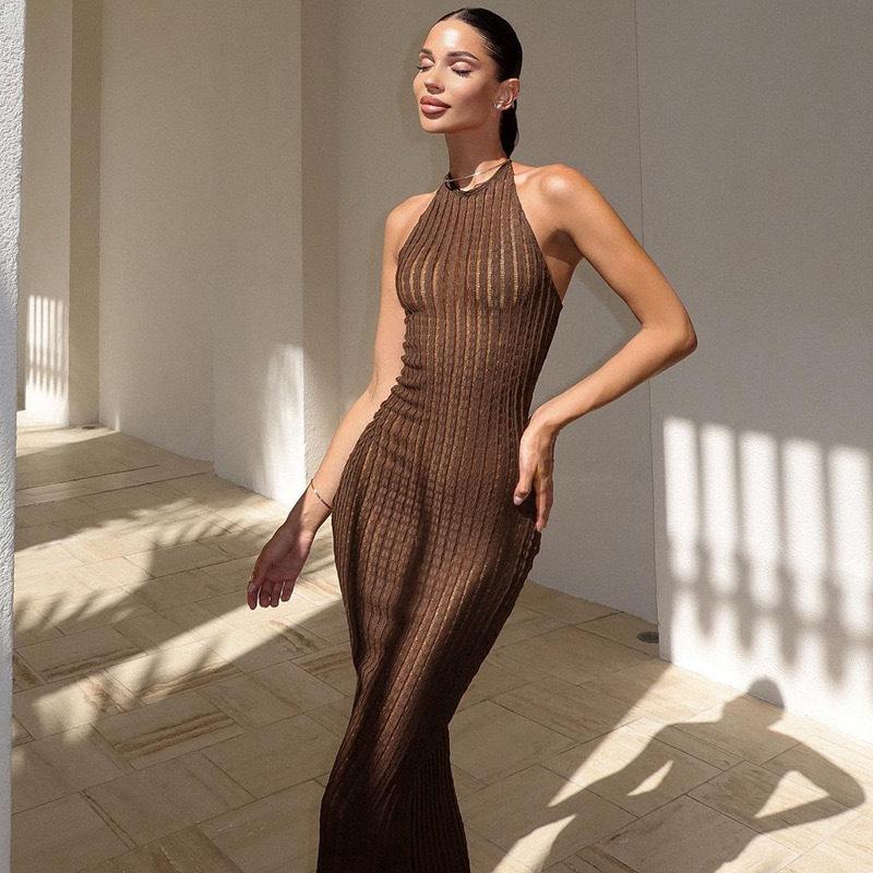 

European and American style autumn new women s clothing temperament elegant neck knitted sleeveless slim dress XS коричневый