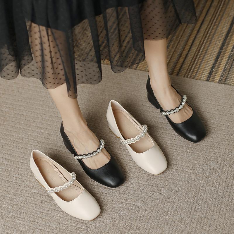 Square head pearl word with Mary Jane shoes high heels women's year retro thick heel single shoes women