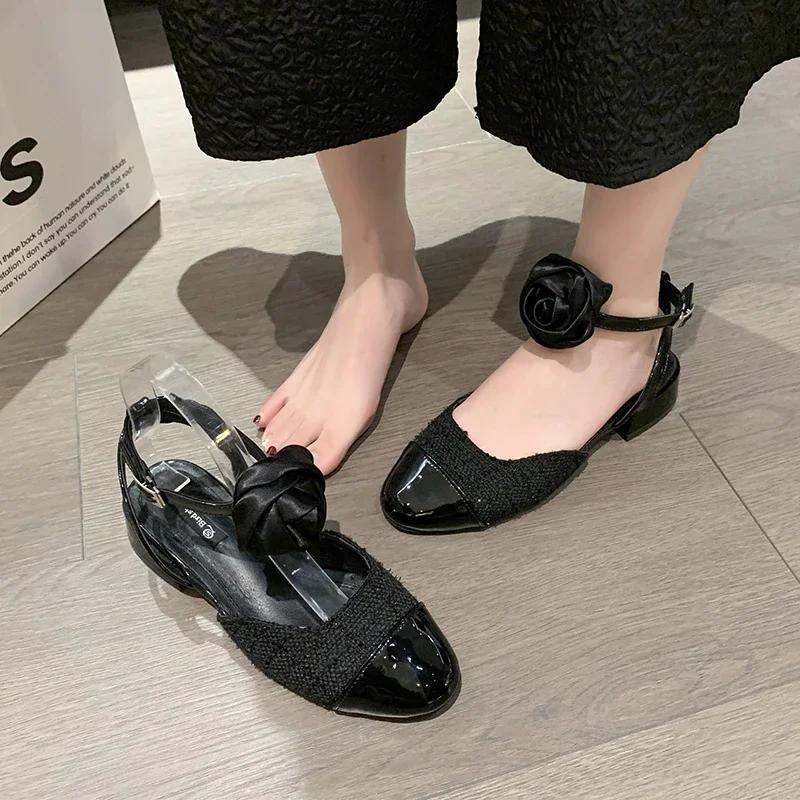 

Fashion Elegant Rose Lady Dress Shoes Classic Black and White Color Block Women s Slingback Sandals Comfortable Low Heel Casual Sandals 35 чёрный