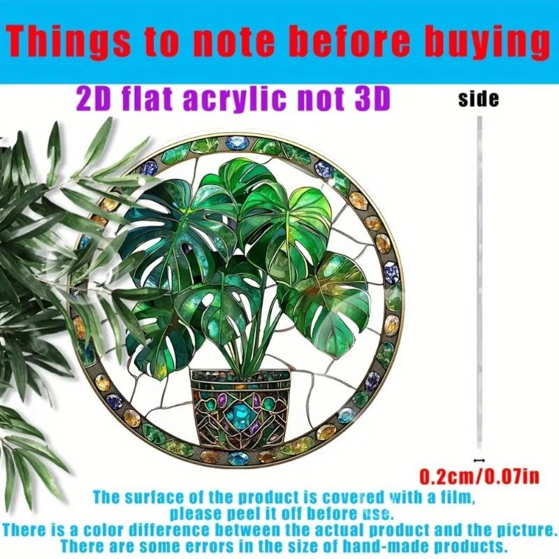 2D Flat Acrylic Colorful Monstera Leaf Acrylic Sun Catcher - Stained Glass Style Design with Green Leaves and Floral Accents, Home Decor