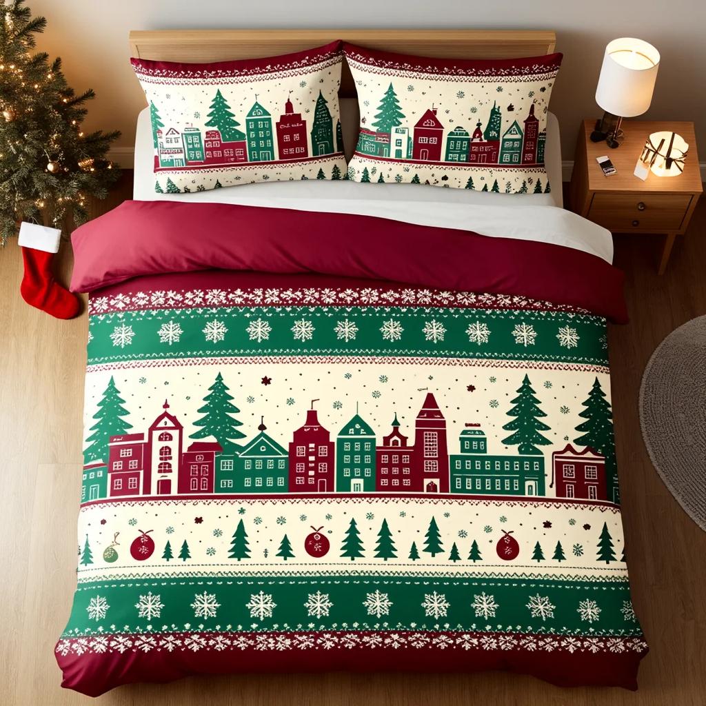 3Pcs Christmas Story Town Bedding Set Duvet Cover Warm Village Print Soft Polyester Queen Size Home Decor Holiday Gift