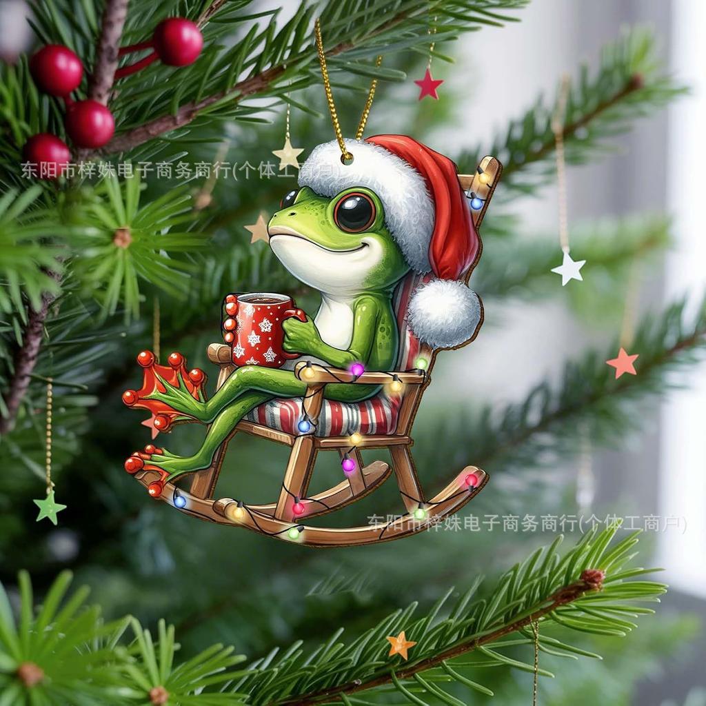 Funny Frog Santa Claus Christmas Tree Decoration, Double-Sided Printed Flat Animal Theme Holiday Party Ornament