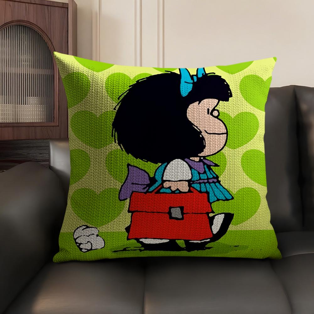 MMafalda Cartoon Cute Cushion Cover Natural Linen Organic Fabric DoubleSided Printing Sofa Home Decor Gift Pillow Case