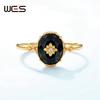 WES 925 Silver Gemstone Open Ring for Women Natural Black Agate 6*8mm Retro Vintage Fine Jewelry Gift For Mom