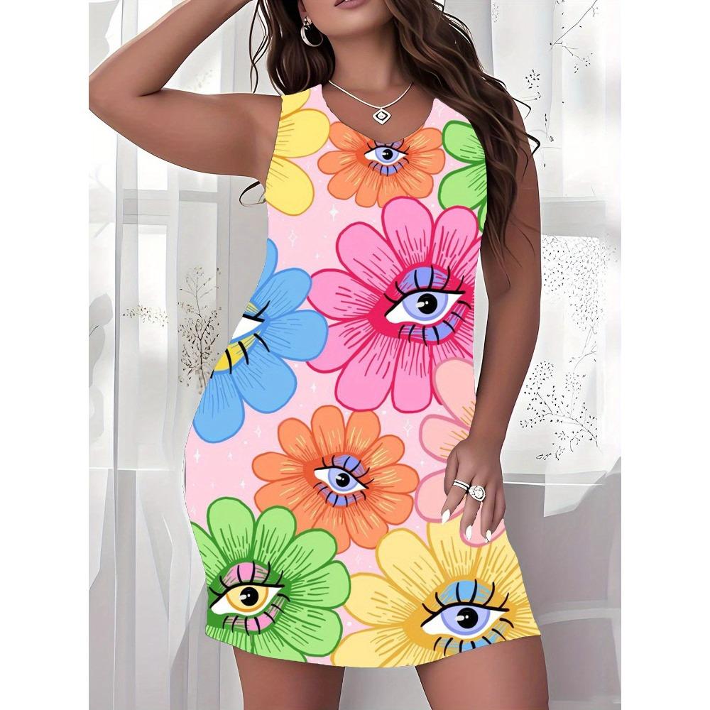 

Women s Plus Size Sleeveless Dress 3D Floral Round Neck Knee Length Summer No Pocket Loose Soft Dress XS