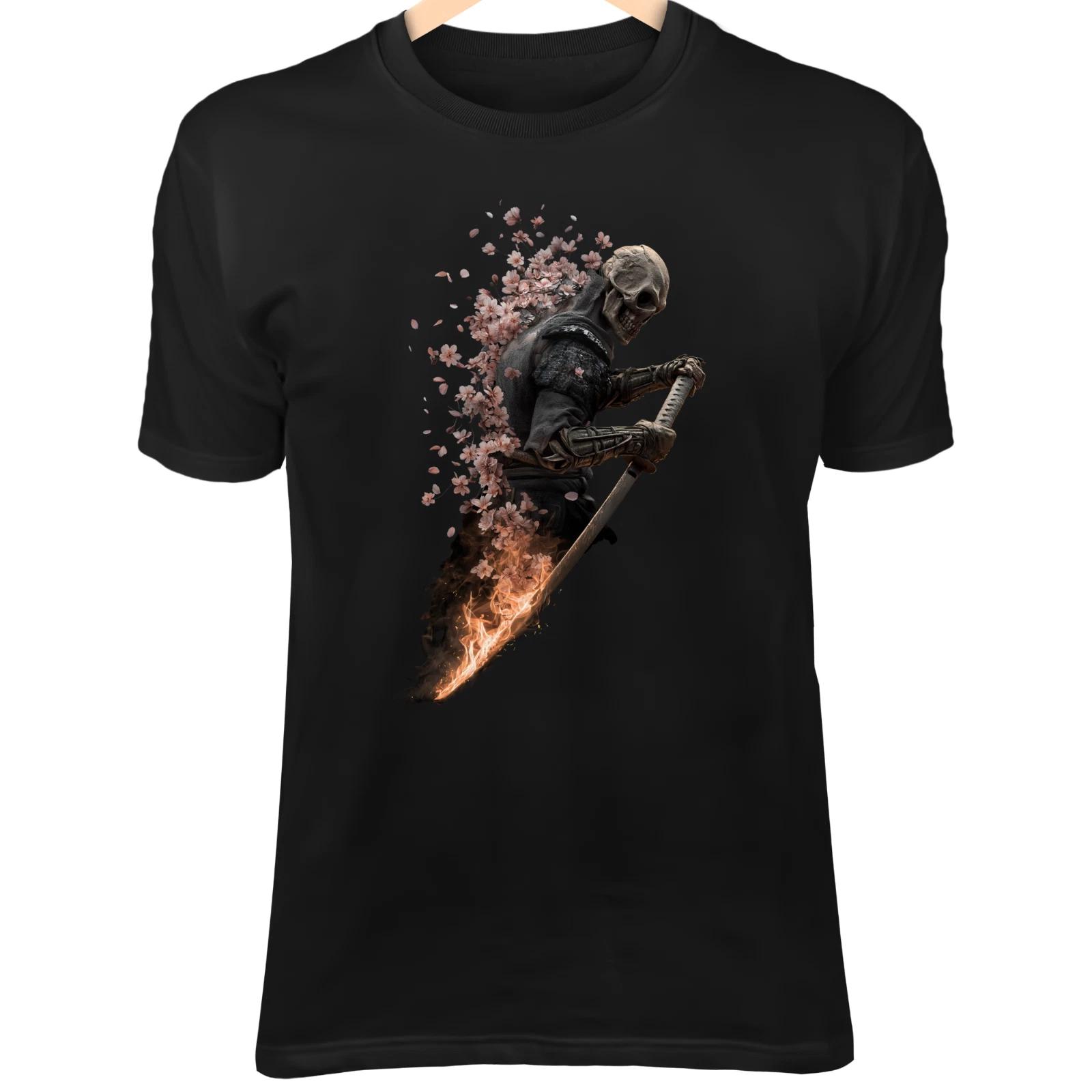 Ghost Samurai Skull T-Shirt – Flaming Katana, Broken Mask, Falling Sakura S
