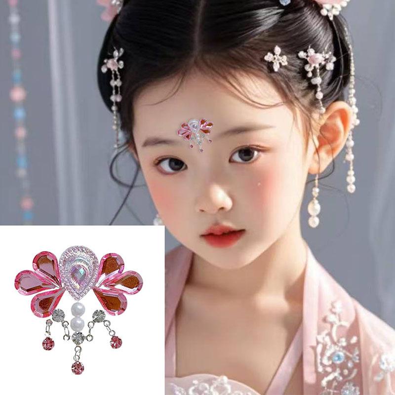 Self-Adhesive Children's Colorful Eyebrow Stickers for Stage Performance and Princess Makeup with Ancient Costume Style Tassels.