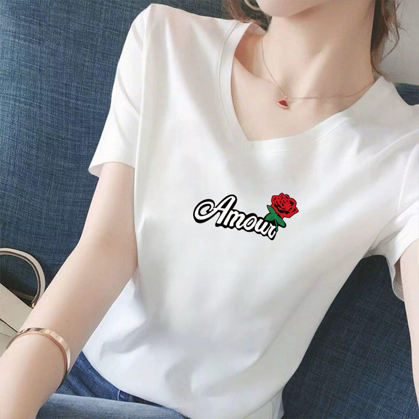 

Women s Stylish White V-Neck Short Sleeve T-Shirt: Loose Fit, Slimming & Versatile with Letter Print Triple Extra Large