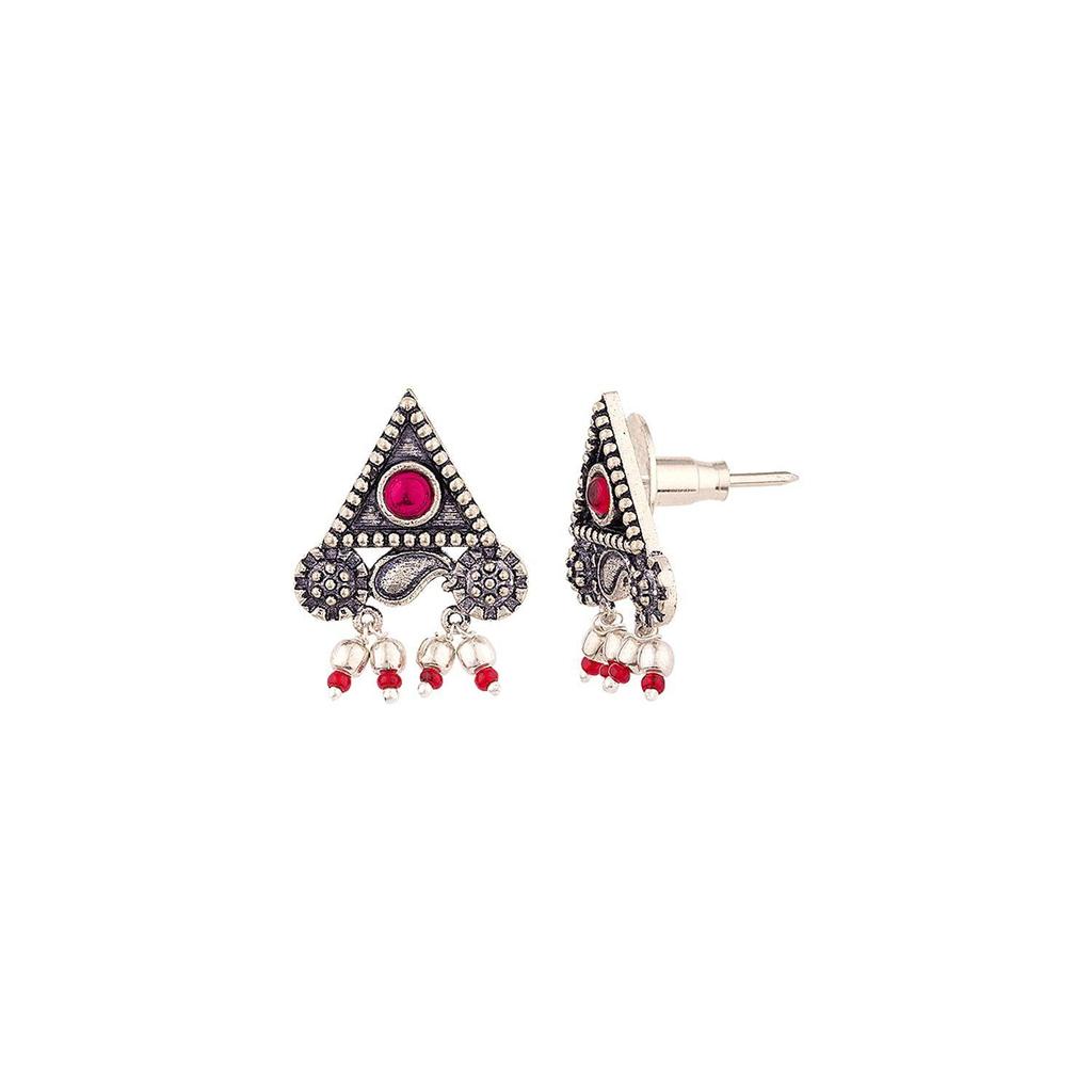 Oxidised Silver Brass Triangle Stud Statement Earrings with Pink Stone for Women and Girls