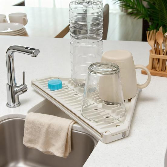 Triangle Corner Sink Caddy Dish Drying Rack Over The Sink Roll Up Dish Drainer Mat with Suction Cups Kitchen Organizer