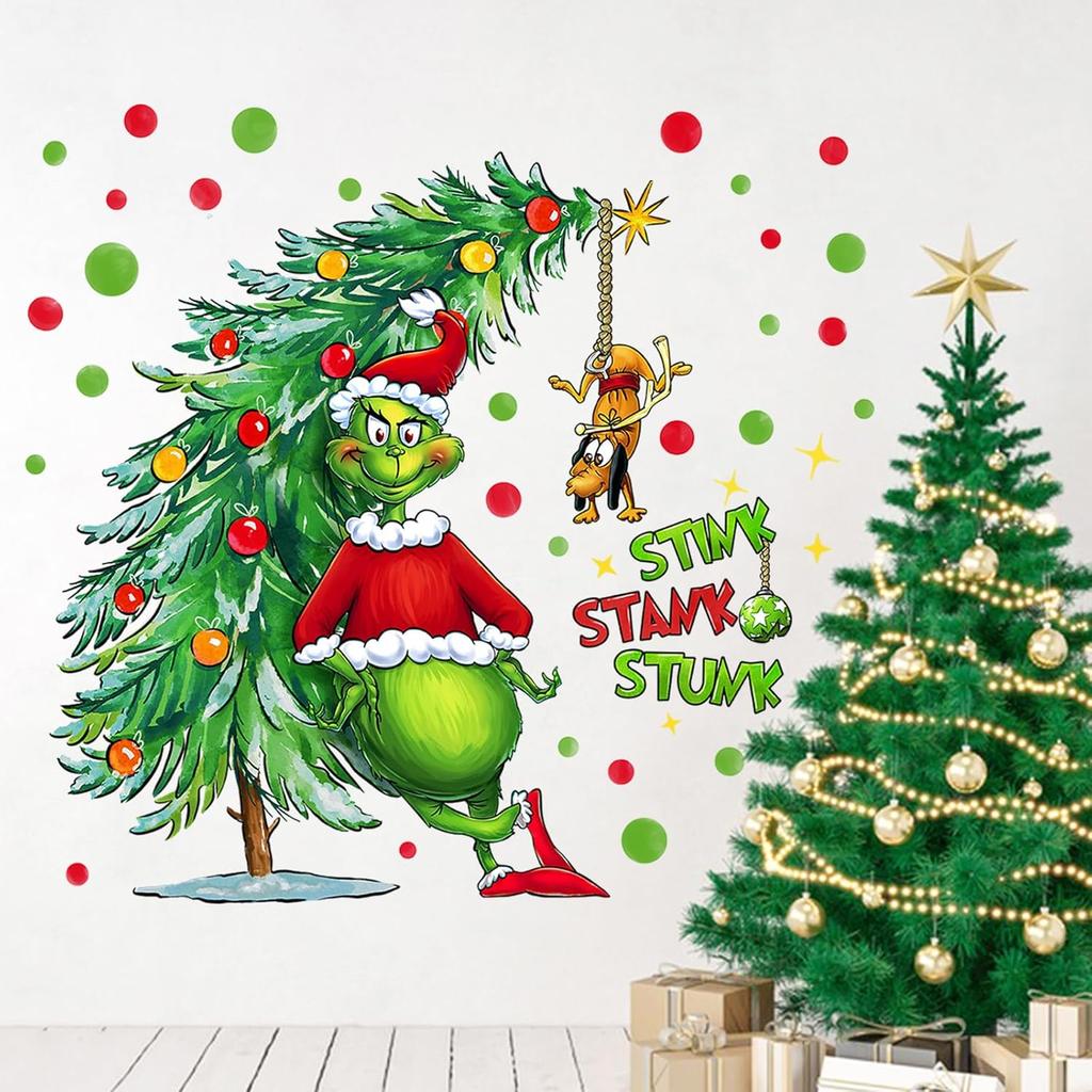 Yovkky Merry Christmas Wall Decals Stickers, Xmas Tree Max Dog 2026 New Year Bedroom Decor Home Kitchen Decorations, Winter Holiday Red Green Polka