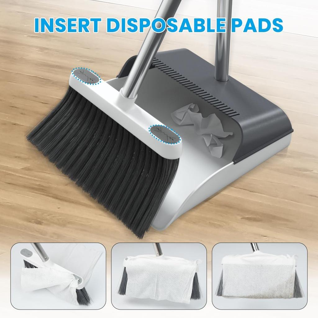 Stand Up Dustpan and Broom Set 50” Long Handle Broom with Dust Pan, 20° Angled for Ergonomic Home Office Indoor Sweeping