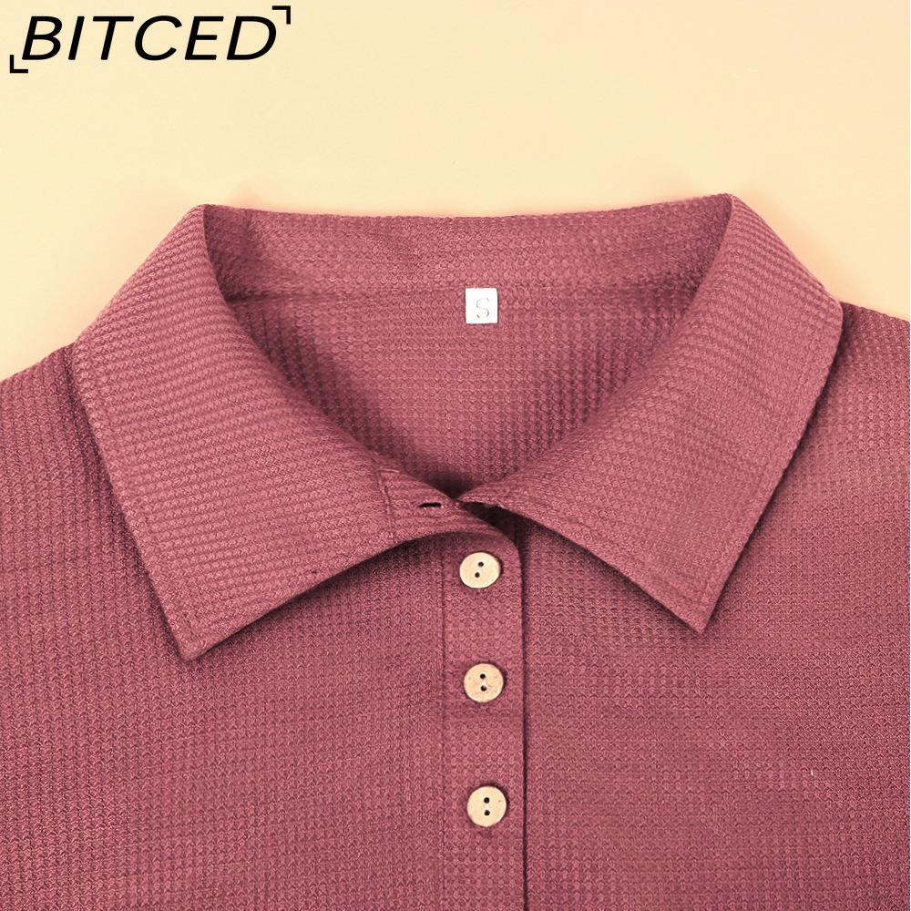 BITCED Women's Fall/Winter Polo Neck Button-Up Solid Color Long-Sleeve T-Shirt