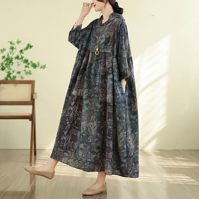 DIMANAF New 2026 Women Plus Size Summer Maxi Long Dress Cotton Hooded Loose Oversize Casual Lady Vintage Print Beach Sundress