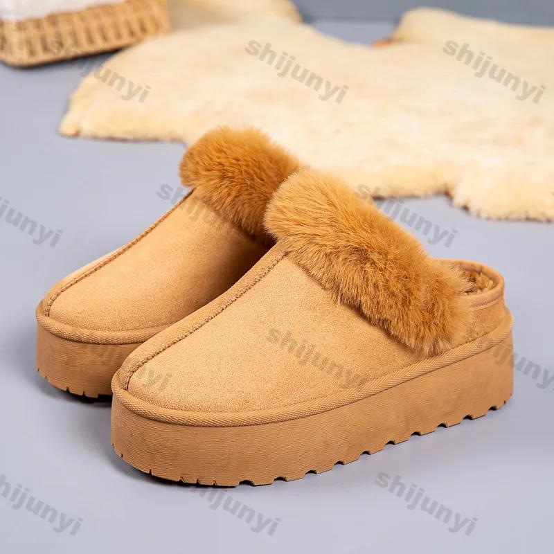 Women Fashion Fluffy Snow Cotton Slippers Winter Thick Sole Plush Warm Cotton Shoes Female Slip on Platform Non-slip Ankle Boots