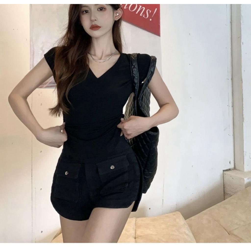 Women's V Neck Short Sleeve T Shirts Slim Fit Solid Color Casual Tops Tees