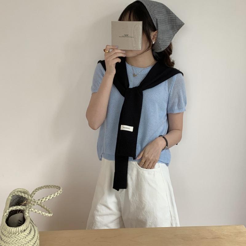 

Женская летняя и осенняя солнцезащитная шаль в полоску с вязаным цветным узором, модный маленький квадратный шарф, жилет через плечо, поддельный воротник 80-100cm чёрный