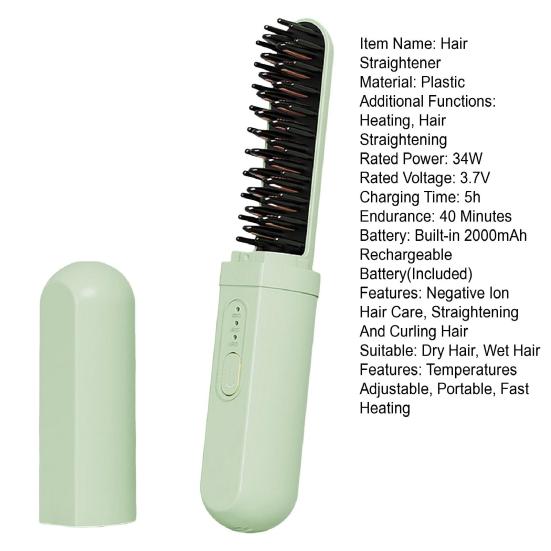 Portable Cordless Hair Straightener Brush 3 Temp Adjustable Fast Heating USB