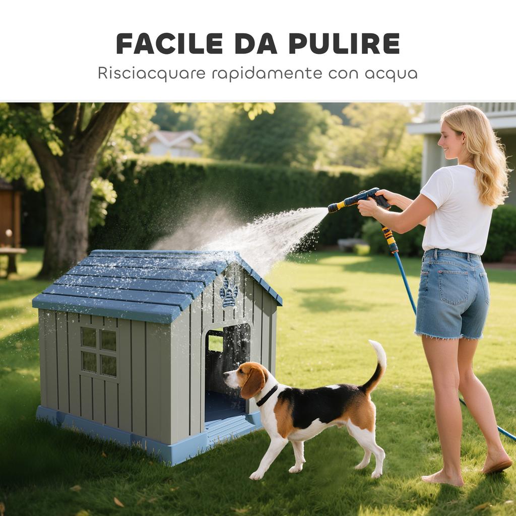 Waterproof Outdoor Dog House for Medium Size Dogs with Raised Base and Windows, 85x79x82 cm, Grey