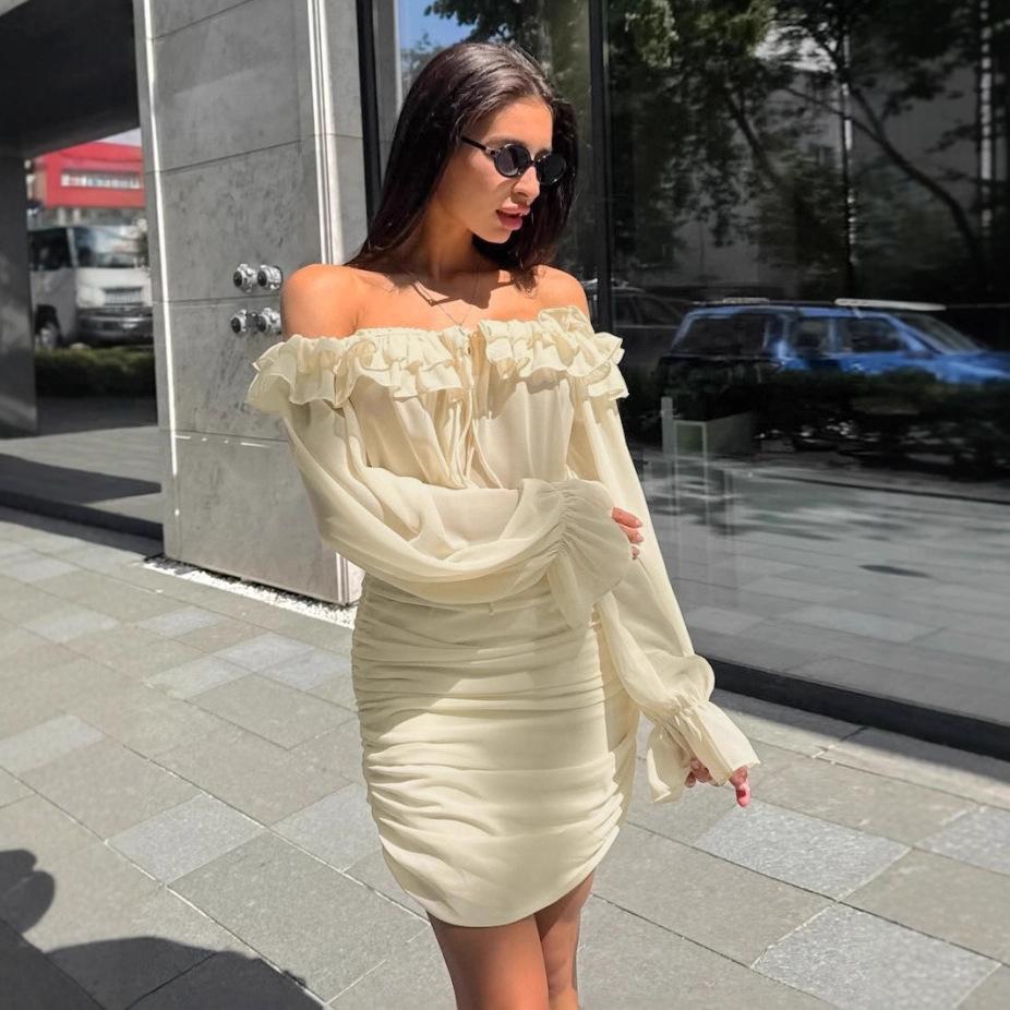 French Temperament Apricot Ruffle Edge Dress Women's Autumn Fashion Elegant Chiffon Hip Skirt Short Skirt Women's Clothing