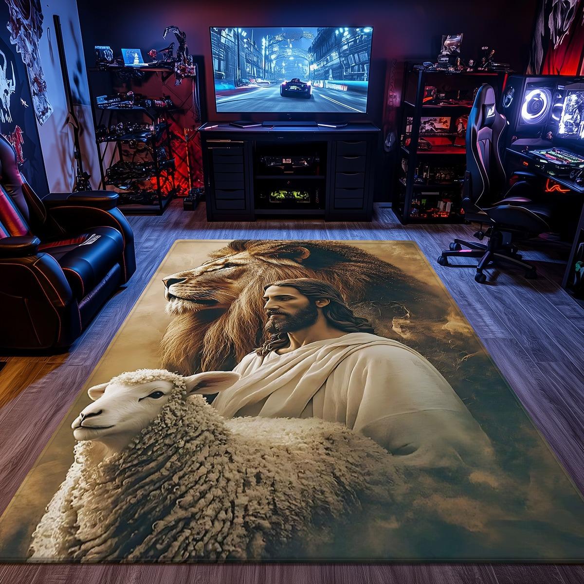 Jesus Lion Lamb Religious Art Crystal Velvet Rug Christian Faith Symbolism Spiritual Home Decor Living Room Bedroom Floor Mat 50x 80cm